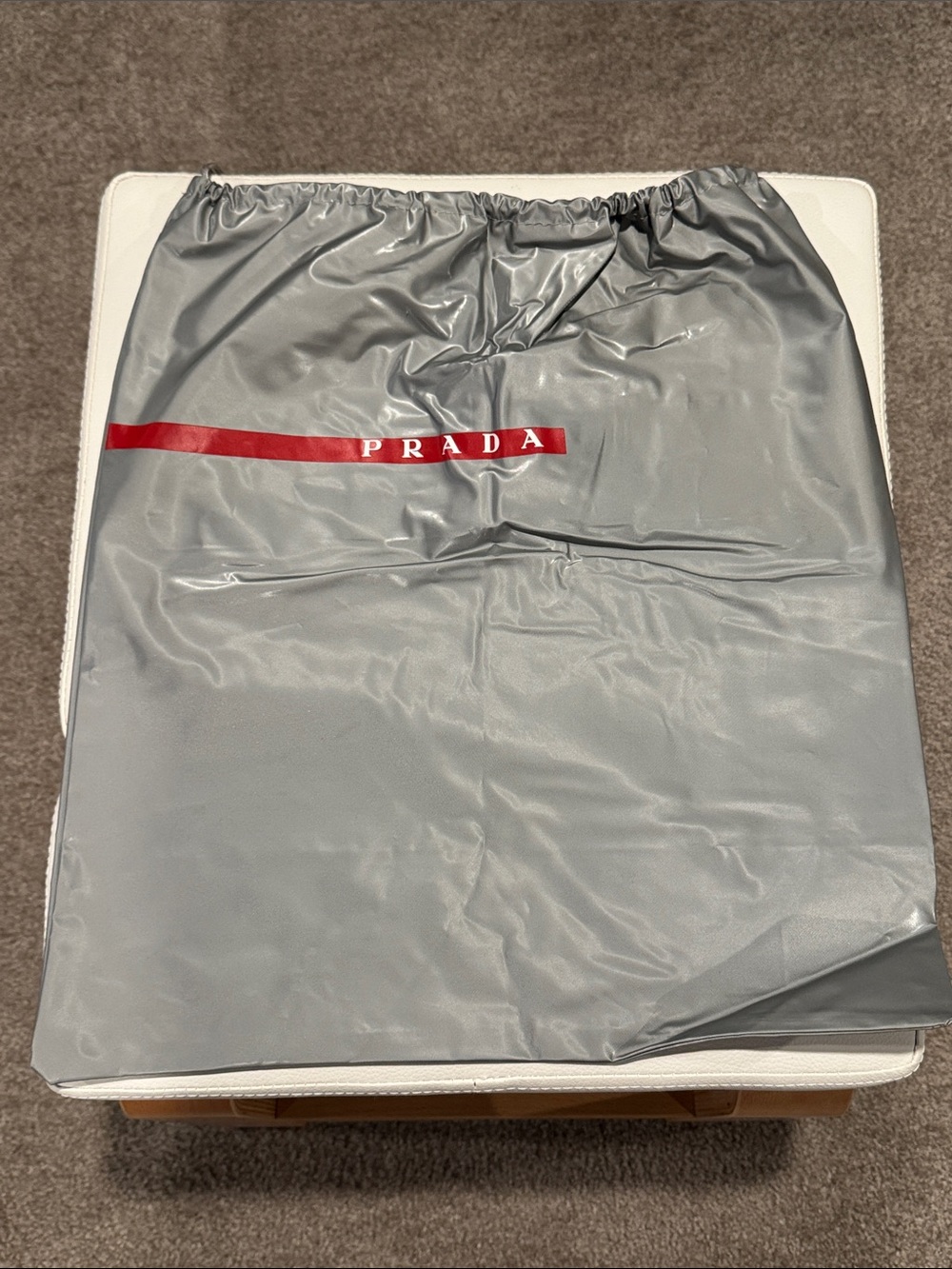 Prada Silver-Gray Drawstring Dust Cover with Red Logo Stripe